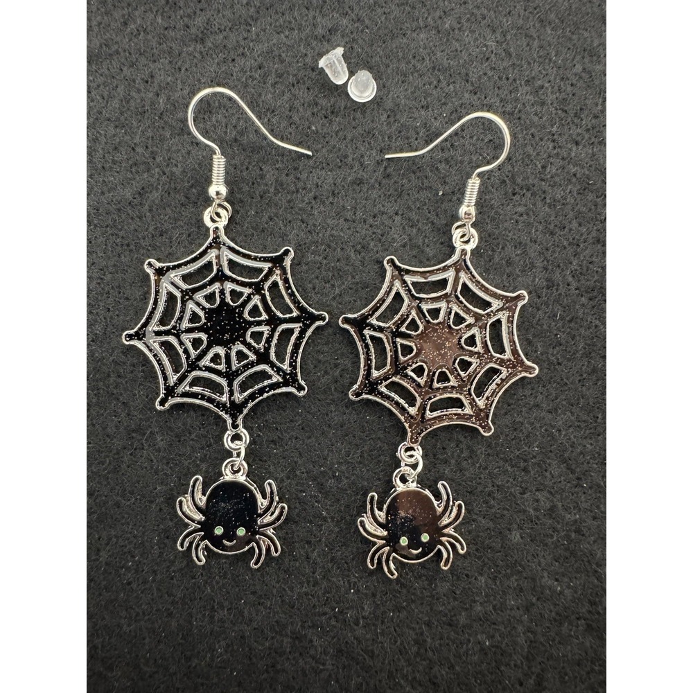 Silver Tone Spider Web Spider Dangle Hook Earrings Black Halloween Pair